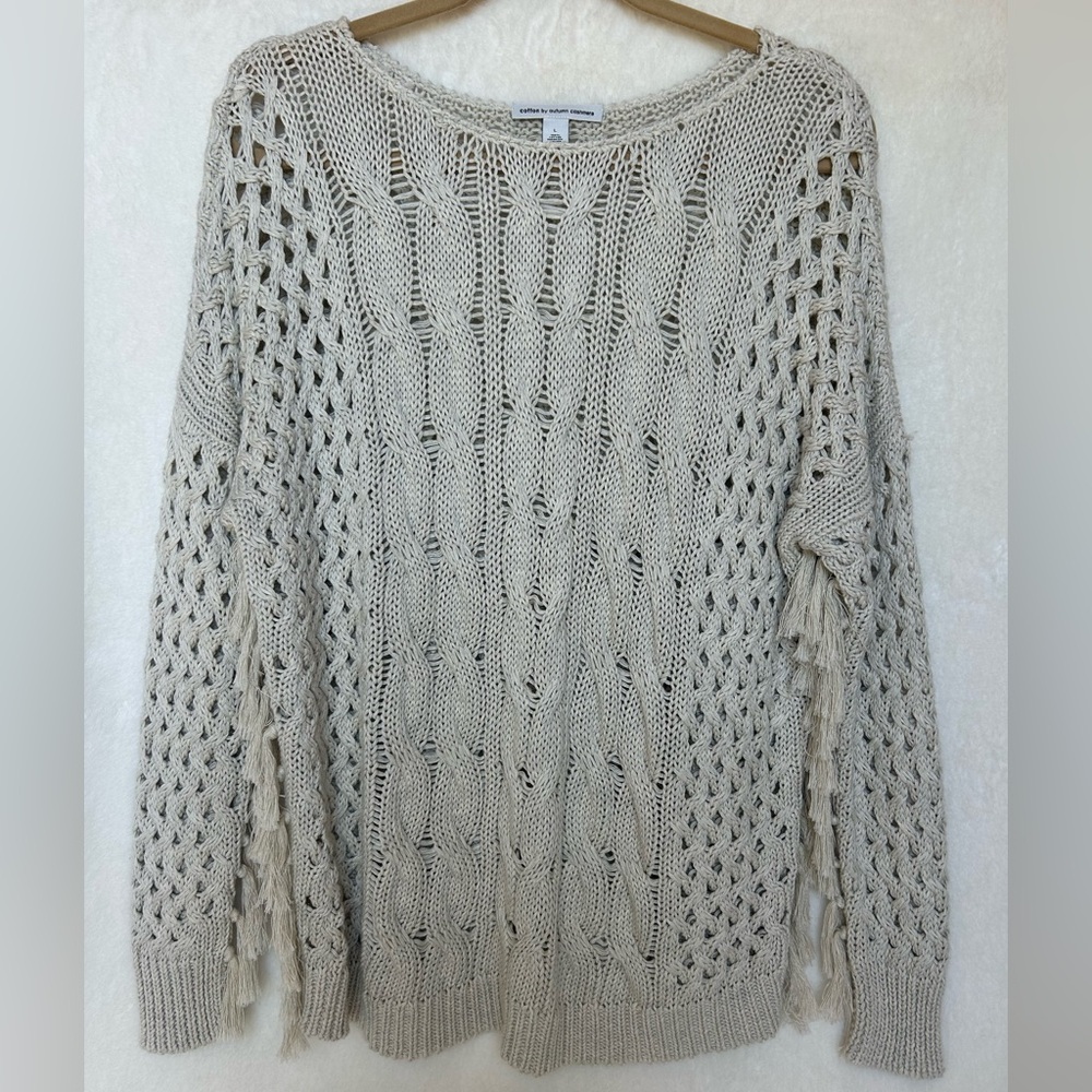 Cotton by Autumn Cashmere Multi Stitch Open Knit Boxy Fringe Sweater Large NWOT